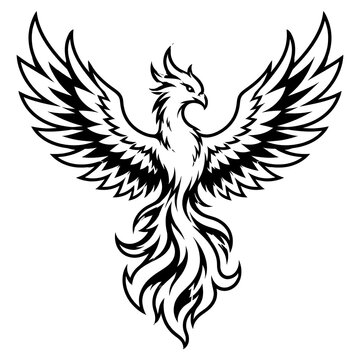 Black and white vector illustration of a majestic phoenix rising with wings spread wide in a tribal tattoo style
