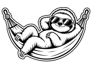 Fototapeta premium Cool cartoon sloth wearing sunglasses relaxing in a hammock illustration isolated on white background