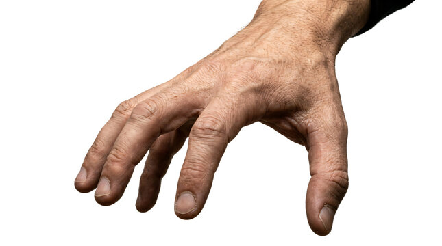 A male hand reaches out with an aggressive grasping gesture suggesting a threatening action performed by an individual person while displaying skin texture and muscle tension during a frantic