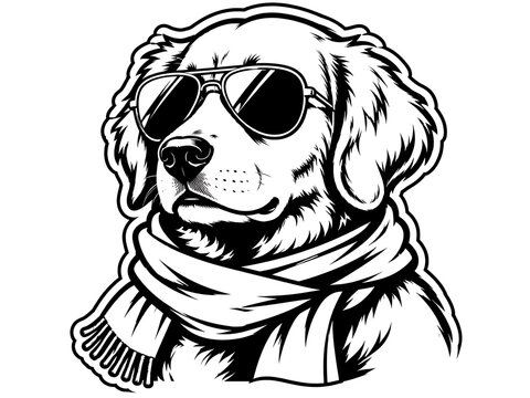 Cool golden retriever dog head wearing sunglasses and a winter scarf black and white vector illustration