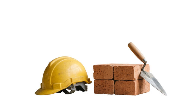 Yellow safety helmet separated from stacked red bricks and trowel on png background
