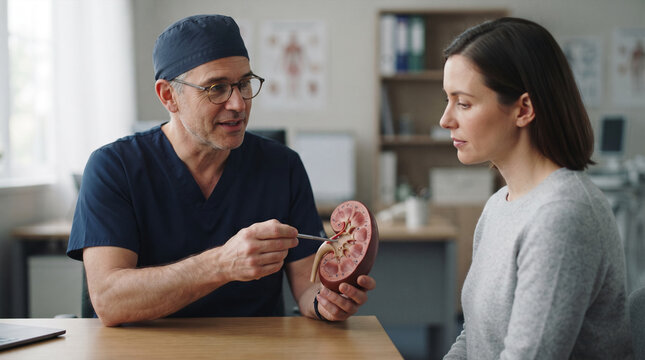 Doctor explaining kidney anatomy model to female patient in consultation room