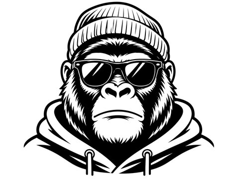 Cool gorilla head illustration wearing a knitted beanie and sunglasses