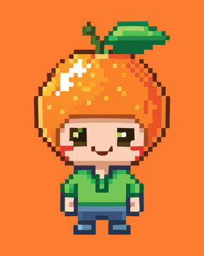 Cute young boy character with round orange fruit head standing in green shirt for pixel art role playing game asset design