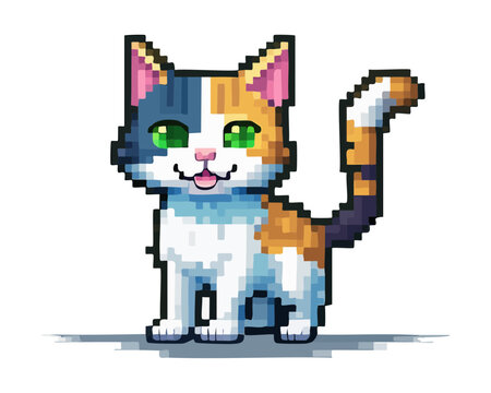 Adorable pixel art calico cat sitting gracefully with alert eyes and curved tail for domestic pet game sprite graphic asset pack