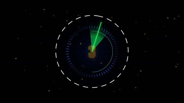 Futuristic radar countdown animation from ten to one featuring glowing orange numbers circular blue dial green scanning line and yellow dust particles on black.