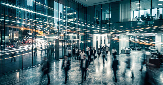 A bustling urban lobby with blurred figures of professionals and striking reflections from glass surfaces, creating a dynamic sense of movement and energy.