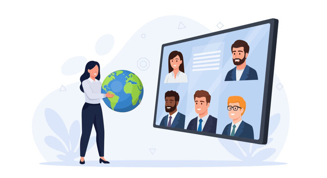 Global Teamwork and Remote Collaboration Concept - Woman Holding Earth with Video Conference Call on Screen