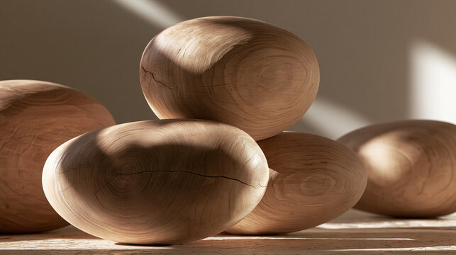 Set of abstract handcrafted wooden bowls on rustic sunlit surface