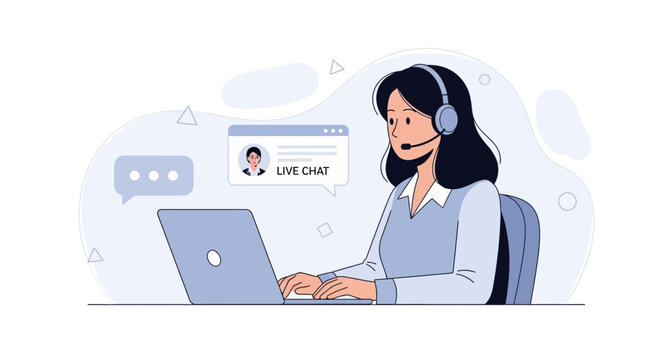 Customer Service Representative with Headset working on Laptop, Live Chat Support Illustration