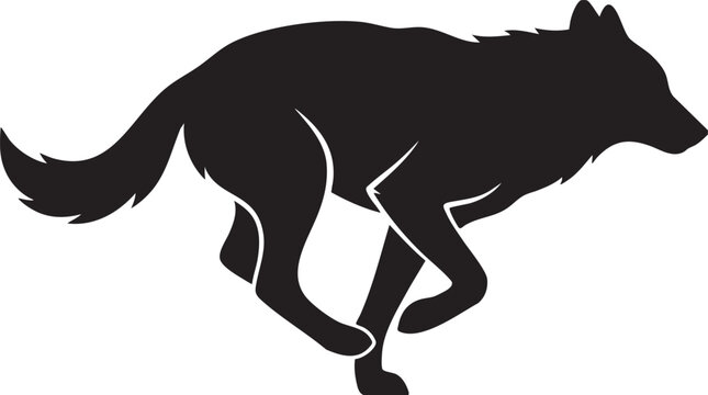 Black silhouette of a wolf running fast in a dynamic hunting action pose