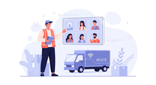 Delivery logistics, route planning and team coordination via digital interface and modern transport truck.