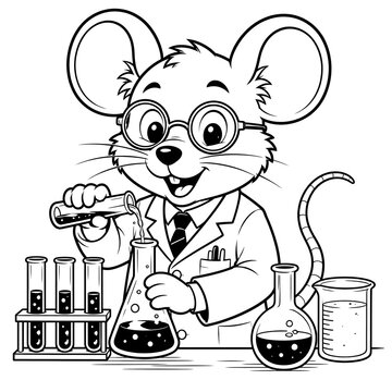 Cute cartoon mouse scientist wearing glasses performing chemical experiments in laboratory