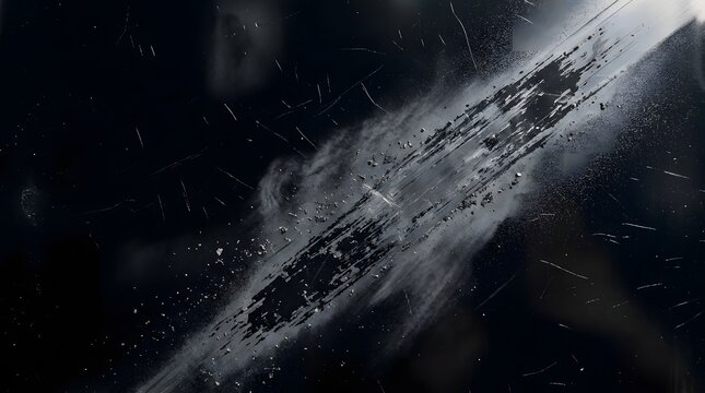 Abstract macro photography showing dark graphite dust and abrasion particles floating in a bright beam of light against black background