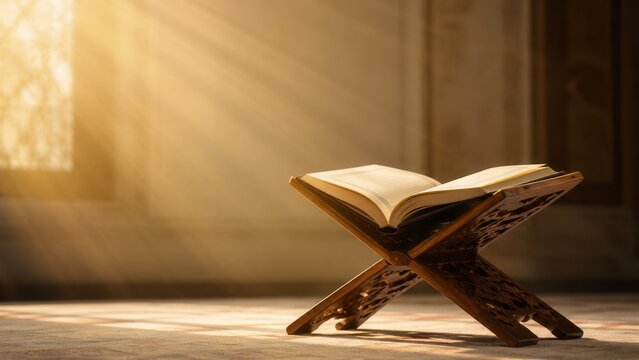 Open Quran on wooden rehal with golden sunlight inside mosque symbolizing faith peace and spiritual devotion