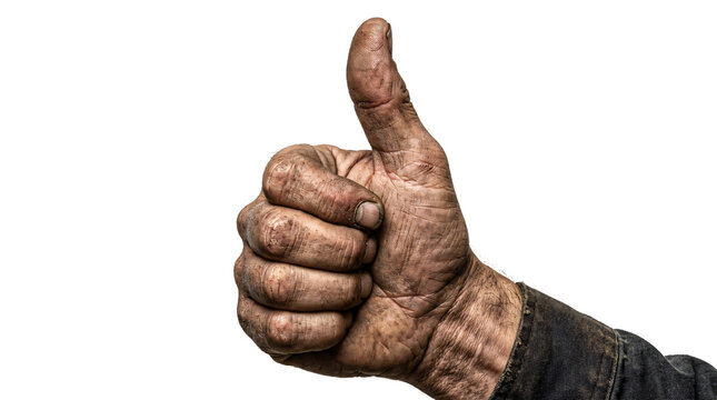 A hardworking laborer displays a positive thumb gesture to signify complete satisfaction with the productive progress of heavy industrial building tasks performed during a long shift