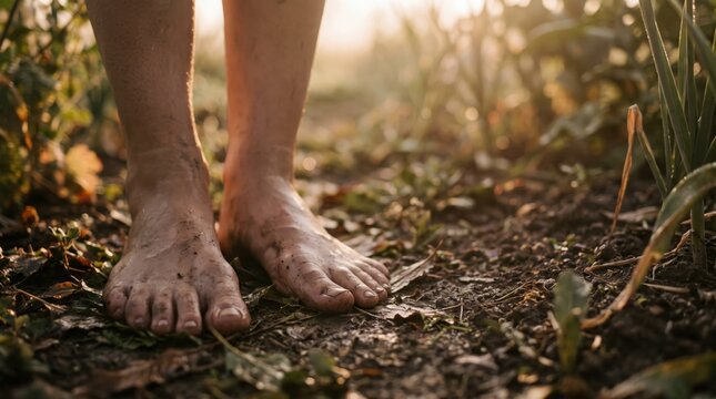Bare feet standing in muddy soil during outdoor grounding activity