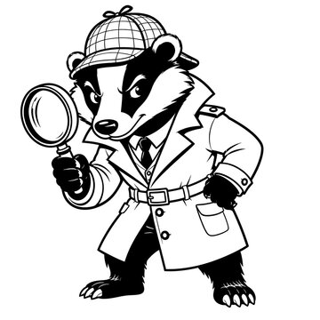 Cartoon style badger detective holding a magnifying glass wearing a trench coat and deerstalker hat