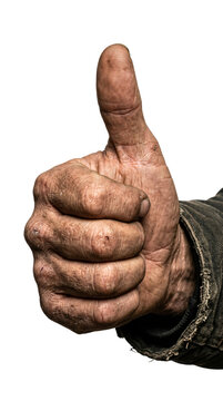 A weathered hand belonging to a hardworking laborer displays a positive thumb up gesture that expresses complete approval and total satisfaction with the progress made during a long shift