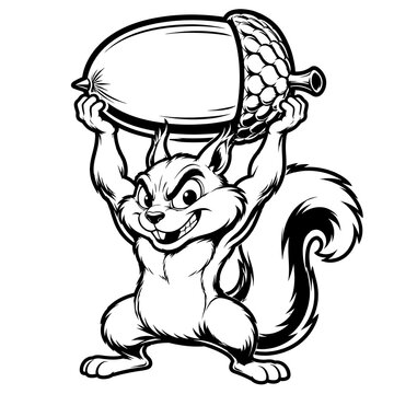 Cartoon squirrel character holding a giant acorn over its head illustration