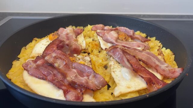 Gebratene R&ouml;sti mit Speck und Ei in der Pfanne