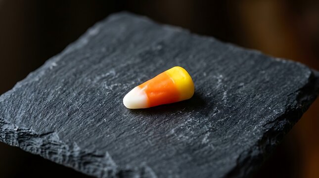 Single candy corn piece placed on a black stone slate surface
