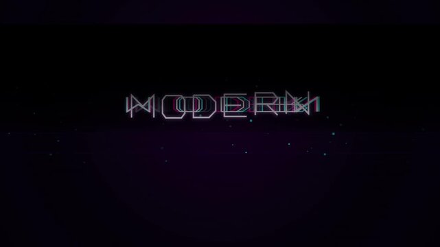 Modern text with glitch animation effect on dark purple background features flickering geometric typography and floating digital particles for techno projects.