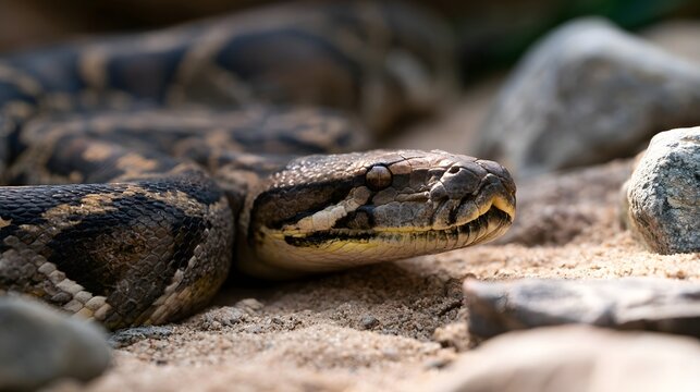 A large python rests coiled on sandy ground with rocks nearby  its head raised and scales detailed under natural light