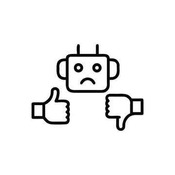 AI robot head with thumbs up and down feedback icons for customer review and rating system