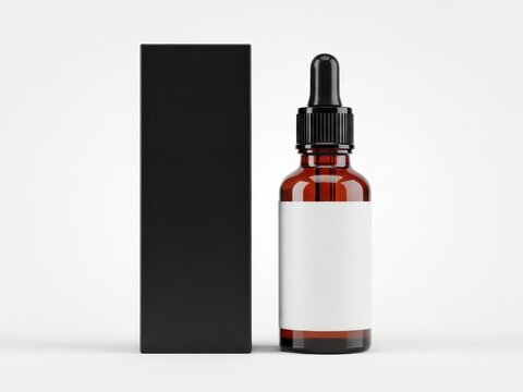 Empty amber dropper bottle with black cap on white surface