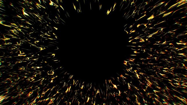 Golden liquid embers flare outward from a pitch-black core in a high-speed 3D animation displaying fiery golden caustics and radiant energy sparks