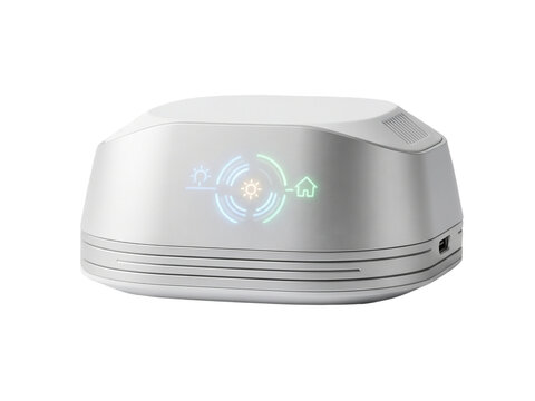 Modern wireless router device, home network hub with glowing LED indicators, internet modem with ethernet port, silver and white compact technology hardware for home office