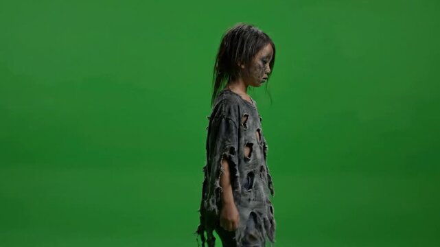 Sad homeless child walking in tattered clothes, poor orphan girl concept on green screen chroma key background