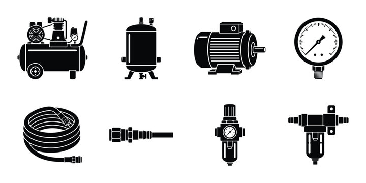 Air compressor and pneumatic tool set with black silhouettes for industrial maintenance.
