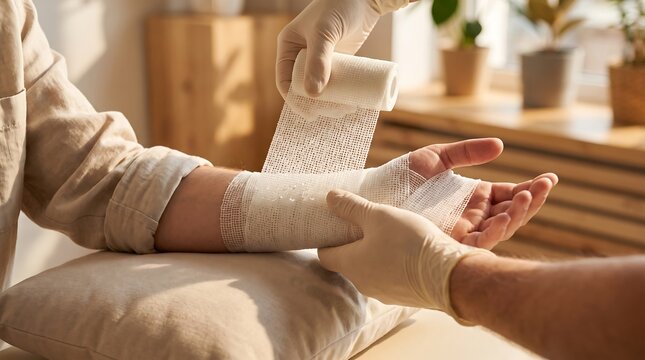 Professional Medical Caregiver Providing First Aid Treatment by Carefully Applying a Sterile Gauze Bandage to a Patient Injured Wrist at Clinic