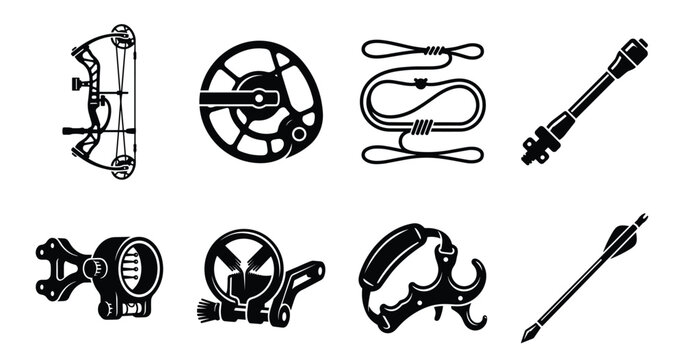 Black compound bow parts and accessories icons isolated on transparent checkered background.