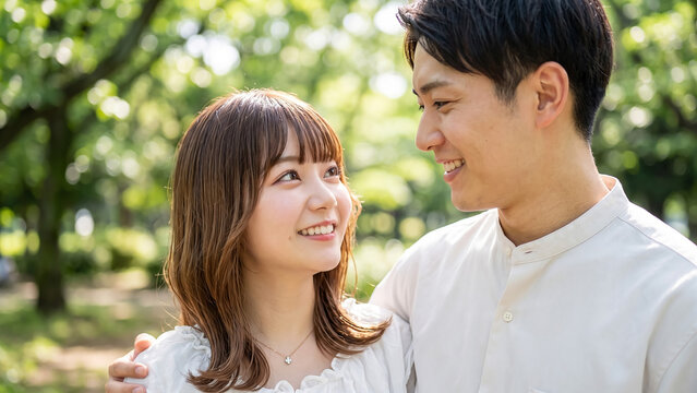 Young Japanese couple in love smiling and looking at each other outdoors in a lush green park