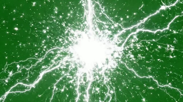 Electric lightning storm overlay on green screen, voltage energy discharge background, abstract plasma spark effect for vfx compositing