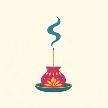 An incense holder with smoke, flat vector illustration, fuchsia, turmeric yellow and teal