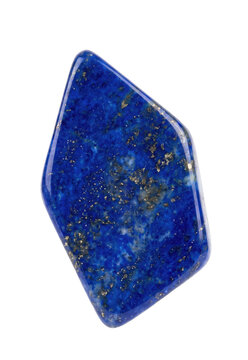 Polished lapis lazuli gemstone with golden pyrite inclusions on transparent background