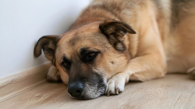 A calm dog rests its head on wooden floor near white wall  showing relaxed posture and soft fur texture