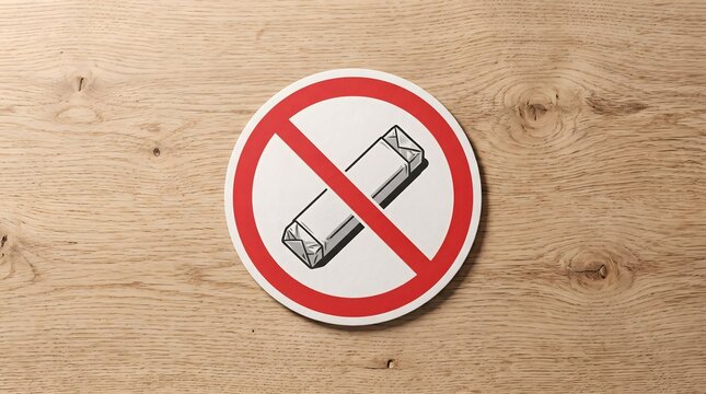 Prohibitive round sign featuring illustration of chewing gum inside red crossed circle on top of light brown wooden desk surface