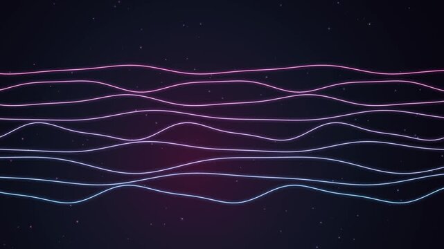 Abstract neon wave lines background, glowing digital audio equalizer motion futuristic synthwave particle flow animation