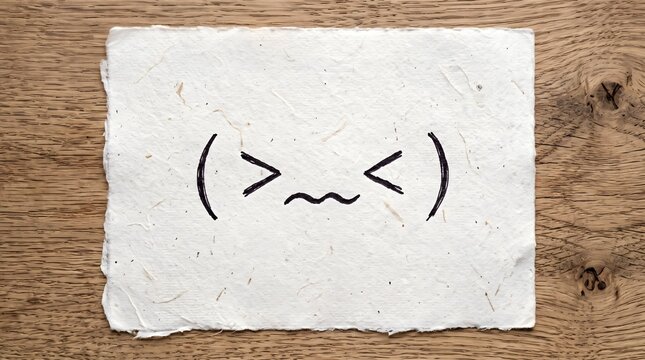 Hand drawn frustrated emoticon facial expression sketched with black marker on textured white paper showing intense emotion and stress response