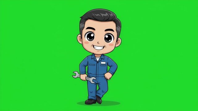 Cute cartoon mechanic character holding a wrench on a green screen background, perfect for service and repair concepts.