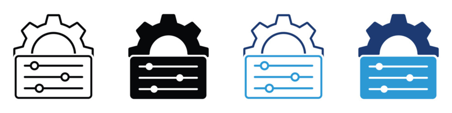 Configuration and customization icon set featuring control panel sliders, adjustment settings and dashboard interface symbols. Vector illustration and transparent png