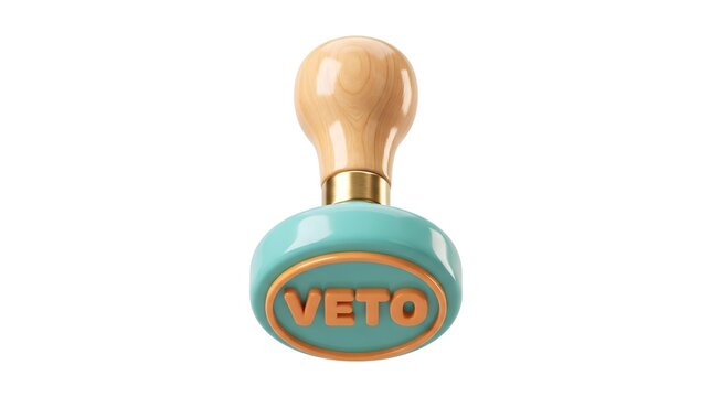 Glossy teal rubber stamp featuring orange veto text with polished wooden handle isolated on a crisp white studio background