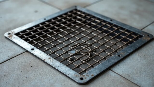 A metal grate on a tiled floor, ideal for interior design or architectural photography