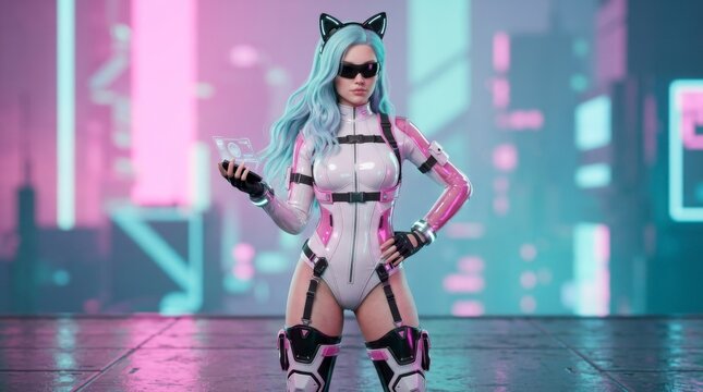 Cyberpunk Woman in Pink and White Bodysuit with Cat Ears and Sunglasses in Neon City, concept of futuristic fashion and digital identity