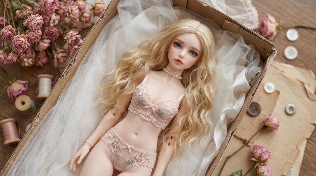 Beautiful ball-jointed doll with blonde hair and delicate lingerie lying in a cardboard box with dried roses and sewing notions, concept of craftsmanship, delicate beauty, and nostalgic charm
